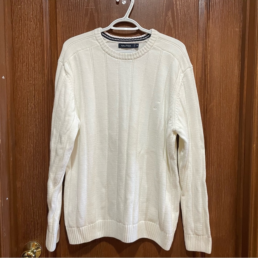 VINTAGE Nautica Men's Off-White Crewneck Rib Knit Sweater Cotton Size XL